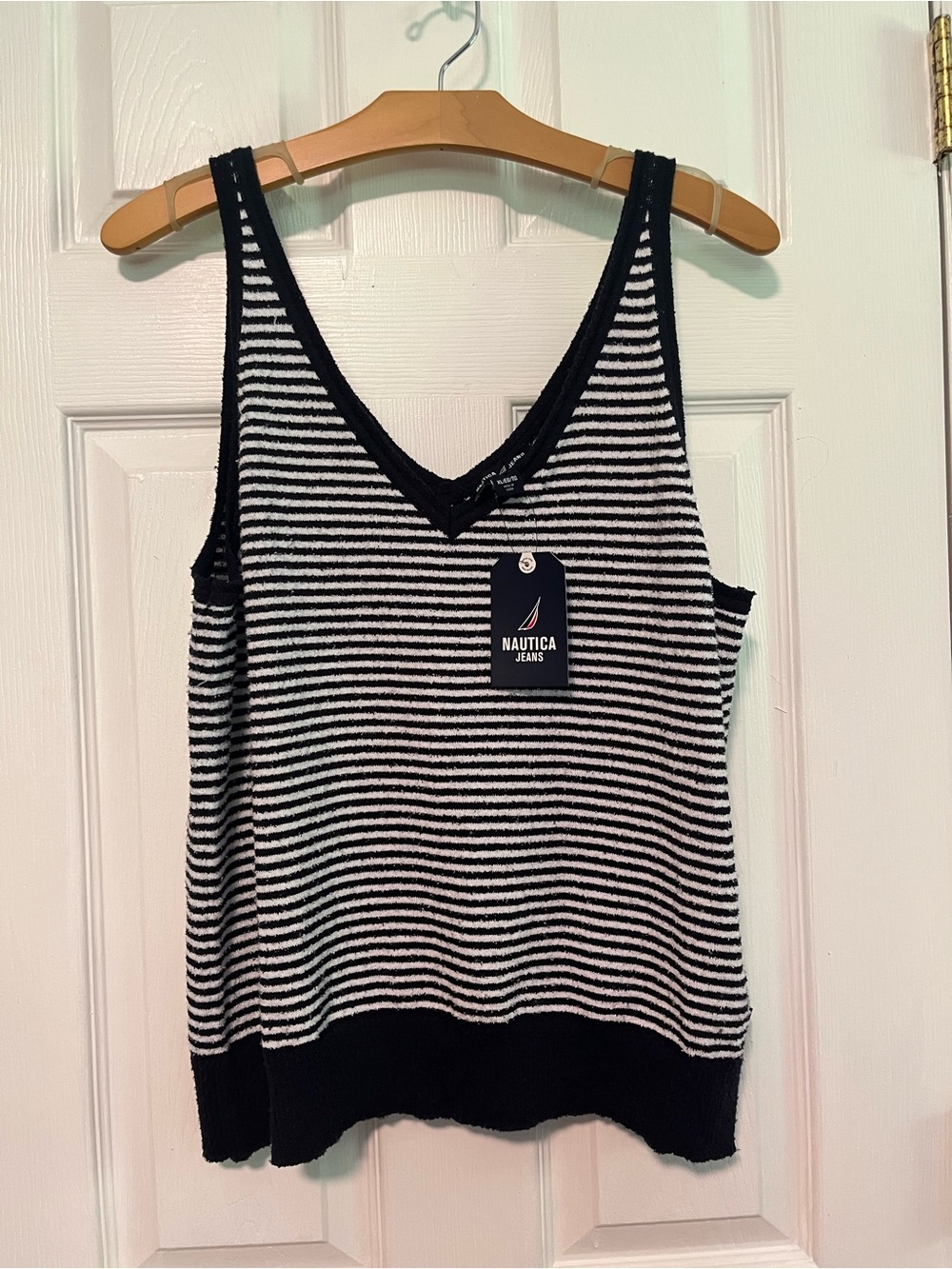 Nautica Navy and White Striped V-Neck Knit Tank Top